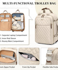 Beige quilted rolling backpack with wheels and top handles; front zipper pocket and side bottle pockets