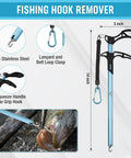 Fishing hook remover from 6 Piece Fishing Tools Kit With Pliers Fillet Knife Fish Lip Gripper Hook Remover Digital Fish Scale Line Snips Fly Fishing Retractor With Sheath And Lanyard A Solid Gift For Men Who Love Angling, showing stainless steel grip, clasp and use on fish.