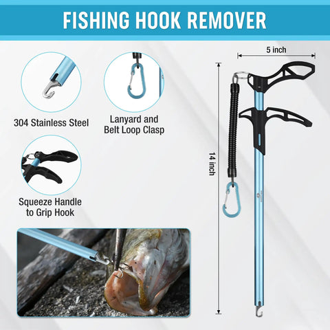 Fishing hook remover from 6 Piece Fishing Tools Kit With Pliers Fillet Knife Fish Lip Gripper Hook Remover Digital Fish Scale Line Snips Fly Fishing Retractor With Sheath And Lanyard A Solid Gift For Men Who Love Angling, showing stainless steel grip, clasp and use on fish.