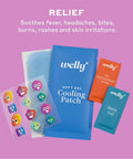 Colorful relief set with Welly cooling patch, burn gel, hydrocolloid bandages, and hydrocortisone cream.
