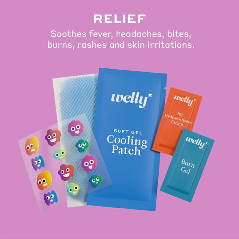 Colorful relief set with Welly cooling patch, burn gel, hydrocolloid bandages, and hydrocortisone cream.