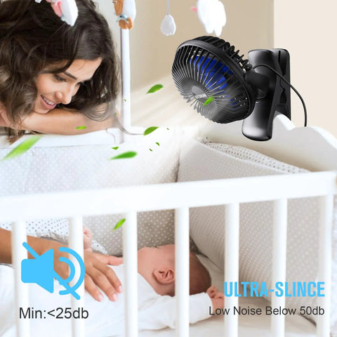 USB Clip On Desk Fan With Sturdy Clamp in nursery, quiet operation about 50dB, attached to crib for optimal airflow