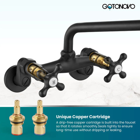 Wall Mount Kitchen Sink Faucet With Double Cross Handles, 360 Degree Rotatable Spout, 8 Inch Reach, 6 Inch Center Hole Detail