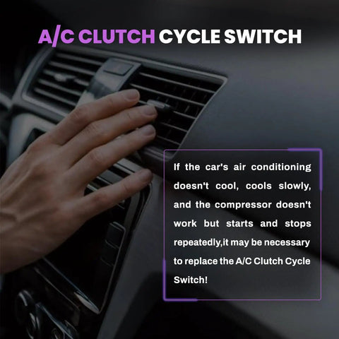 Close-up of hand adjusting car AC vent with A/C Clutch Cycle Switch text overlay.