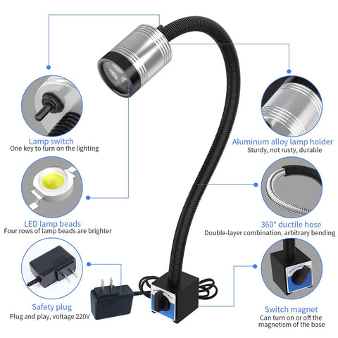 Diagram of Built Tough Magnetic Gooseneck LED Work Light, showing aluminum lamp head, gooseneck, and safety plug features.