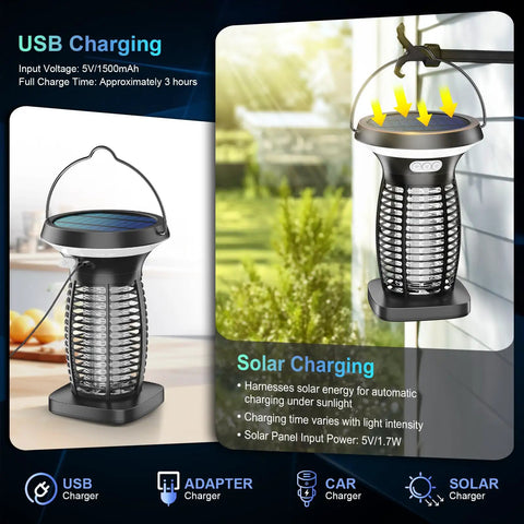 Solar Powered 3 In 1 Bug Zapper All In One Outdoor Mosquito Killer Cordless Electric Zapper With Night Light Waterproof Fly Zapper