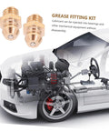 Pro Grade 25 Piece Hydraulic Grease Fittings Kit With Locking Clamp And Industrial Caps And Couplers Angled Nozzles shown with car infographic