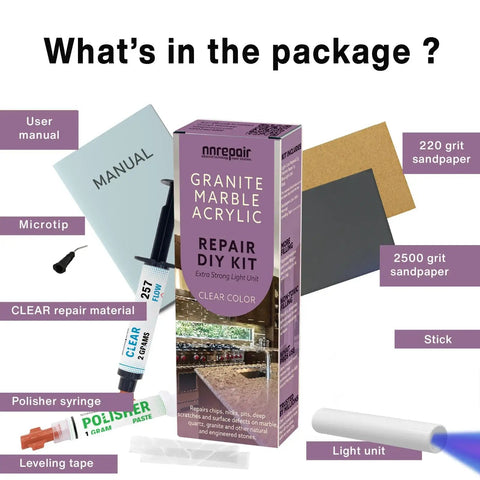 Contents of the Countertop Repair Kit For Marble Granite Quartz Porcelain Tile And More Clear Finish With Polisher And Easy DIY Chip Repair
