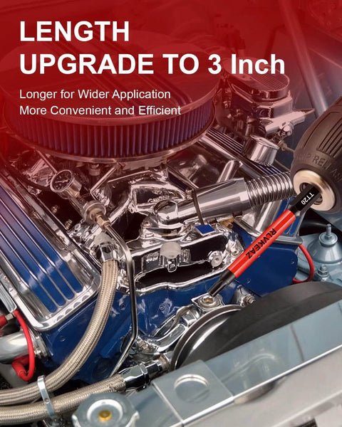 Red-handled Torx bit driver with 1/4-inch hex shank in a car engine bay; magnetic and high-torque.