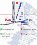 Comparison of Rollerball Pens 0.7 Mm Blue Ink 25 Pack with smooth flow, quick dry features against others with bleeding issues.