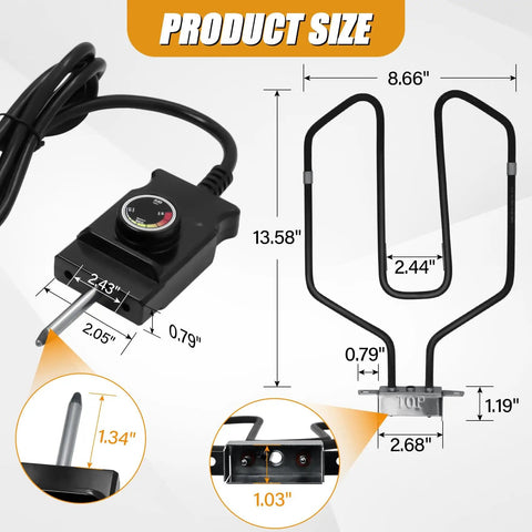 1650W Universal Electric Smoker Heating Element With Adjustable Thermostat Controller, dimensions shown