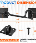 Heavy Duty Self Locking Cabin Hook And Eye Latch For Privacy Barn Doors with dimensions and included screws.