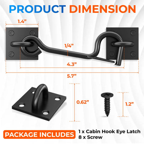 Heavy Duty Self Locking Cabin Hook And Eye Latch For Privacy Barn Doors with dimensions and included screws.