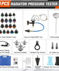 Hella Reliable Garage Ready Coolant Pressure Tester Kit And Vacuum Refill Tool Set With 31 Pieces including radiator caps and pressure gauge.