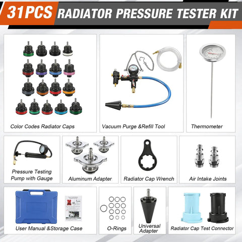 Hella Reliable Garage Ready Coolant Pressure Tester Kit And Vacuum Refill Tool Set With 31 Pieces including radiator caps and pressure gauge.