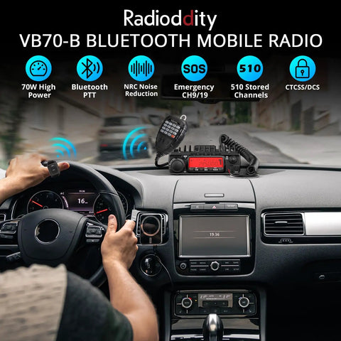 Long-Range 70W VHF Mobile Ham Radio For 144-148MHz with Bluetooth PTT installed on car dashboard during outdoor drive.