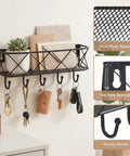 Wall Mounted Key Holder With Five Hooks And Metal Wire Mesh Mail Basket, Entryway Organizer with keys and mail, black steel.