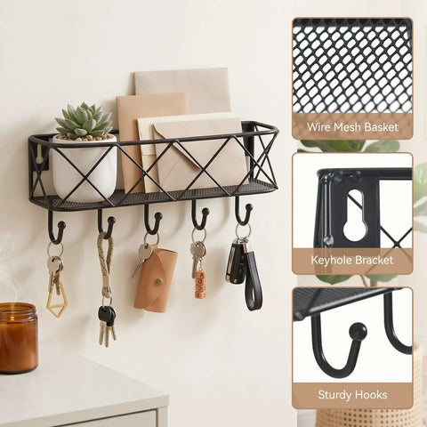 Wall Mounted Key Holder With Five Hooks And Metal Wire Mesh Mail Basket, Entryway Organizer with keys and mail, black steel.