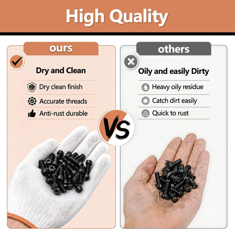 Hex Socket Head Screws Kit For M3 And M4 Metrics, Your Go To 220 Piece Machine Screws Assortment, Built For Quick Fixes In 3D Printing, Electronics, RC Projects, And DIY, Precise Fits For Printer Frames. Black hex socket screws in clean glove hand vs dirty hand comparison