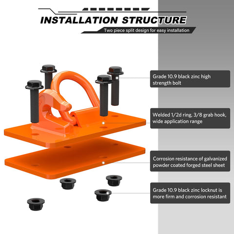 Diagram showing installation of Two Pack Tractor Bucket Hooks With Tie Down Ring, Grade 70 Forged Steel Bolt On, with labeled components.