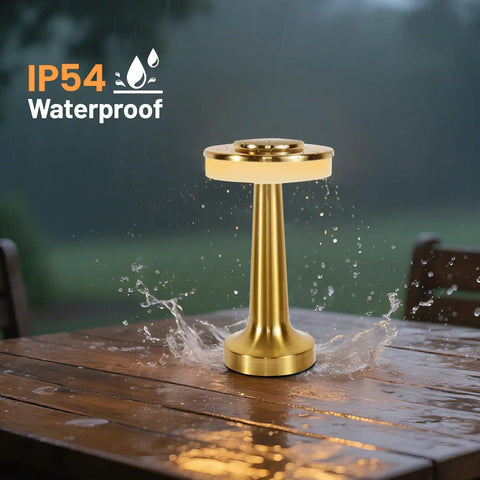 Cordless Desk Lamp With USB Charging, gold-tone waterproof light on wet table, stepless dimming, for kids or offices.