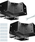 4x4 Pergola Brackets Kit 4 Way Corner Brackets For Gazebos And Patios Heavy Duty Wood Post Supports shown with screws and wrench