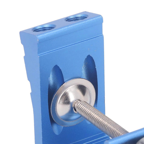 Close-up of a blue Pocket Hole Jig System Aluminum Alloy For DIY Woodworking Boss Grade Rust Resistant Durable Drilling Tool