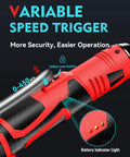 Cordless Three Eighths Inch Drive Ratchet Wrench Set With Dual 2000mAh Batteries, 40 Ft Lb Electric Torque And 150 Nm Manual Torque, 450 RPM, Sixteen Point Eight Volt Variable Speed, 7 Sockets And LED Light For Automotive And Heavy Duty Jobs. Variable speed trigger with safety lock and battery indicator light on red ratchet wrench