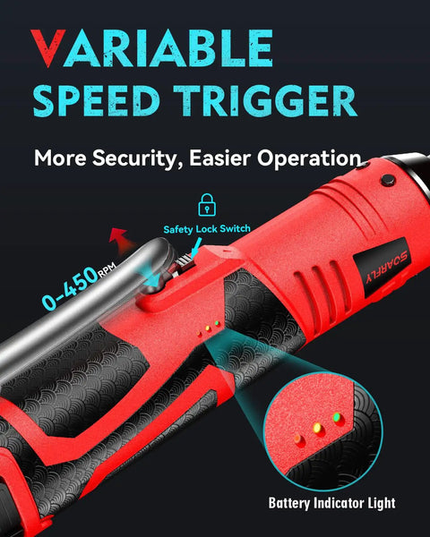 Cordless Three Eighths Inch Drive Ratchet Wrench Set With Dual 2000mAh Batteries, 40 Ft Lb Electric Torque And 150 Nm Manual Torque, 450 RPM, Sixteen Point Eight Volt Variable Speed, 7 Sockets And LED Light For Automotive And Heavy Duty Jobs. Variable speed trigger with safety lock and battery indicator light on red ratchet wrench
