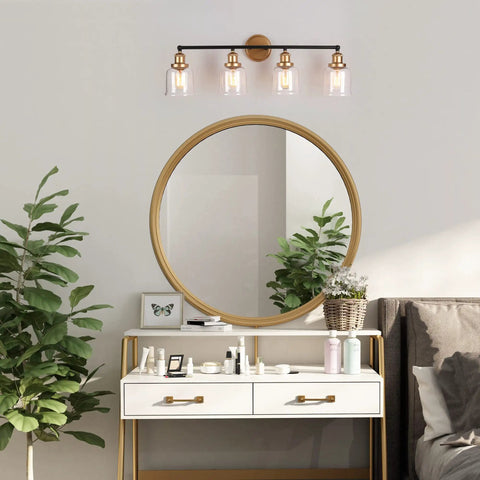 Modern Black And Gold Vanity Lights Over Mirror, Four Light Bathroom Fixture With Clear Glass Shades, 30 Inch Long Bath Vanity Bar