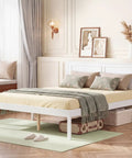 Full Size Wood Bed Frame With Headboard, Mid Century Modern Platform Bed Delivering Chill Vibes in bright room.