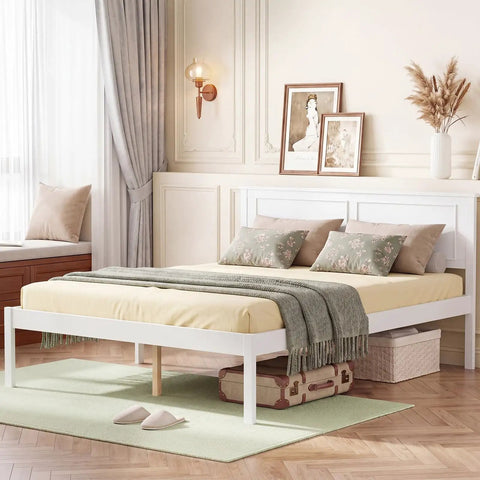 Full Size Wood Bed Frame With Headboard, Mid Century Modern Platform Bed Delivering Chill Vibes in bright room.