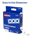 Box of blue self-adhesive 3 hole reinforcement labels for one quarter inch holes, white non printable poly vinyl stickers, 200 count