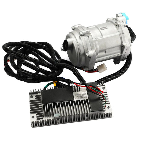 Heavy Duty 12 Volt Universal Auto AC Electric Compressor 20CC R134A Compatible knockout replacement unit with metal body.