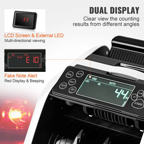 Hella Reliable Money Counter Machine With Legit Counterfeit Detection And Smooth Value Tracking Featuring Ultraviolet And Infrared Sensors Plus No Sweat Batch Sorting For Shop Bosses showing dual display with LCD and LED screens.