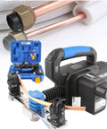 Hiedmeil Electric Tube Bender For Soft Copper Pipes Hydraulic Pipe Bending Tool with a blue case and copper pipes visible.