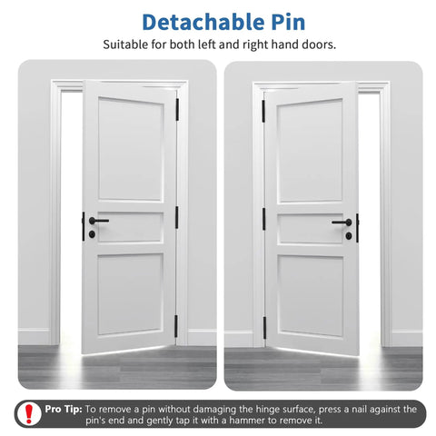 3 Pack Matte Black Door Hinges 4 Inch with Detachable Pin; fits left and right hand doors, showcasing usage on a white door.