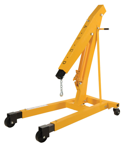 Heavy Duty Steel Engine Hoist With Telescoping Legs And Adjustable Boom Supporting 6000 Lb displayed at an angle with rigid wheels.