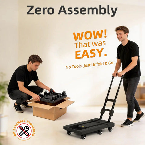 Two people using No Assembly Folding Hand Truck Dolly Cart With 440 Lb Capacity, showing easy setup and folding handle.