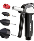 One Eighth Inch Rubber Tip Set For Air Blow Gun With One Half Inch High Flow Adapter Four Piece Nozzle Kit Featuring 15mm 24mm 35mm Rubber Tips And Brass Fittings For A Tight Universal Air Compressor Connection, showing air blow gun with three rubber tips and adapter