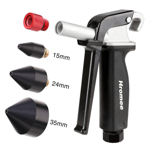 One Eighth Inch Rubber Tip Set For Air Blow Gun With One Half Inch High Flow Adapter Four Piece Nozzle Kit Featuring 15mm 24mm 35mm Rubber Tips And Brass Fittings For A Tight Universal Air Compressor Connection, showing air blow gun with three rubber tips and adapter