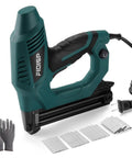 Heavy Duty Electric Brad Nailer And Staple Gun Handles 18 Gauge Fasteners Like A Boss, green design, includes staples and gloves.