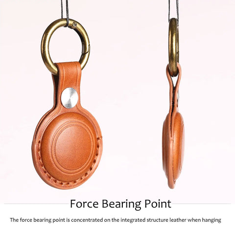 Straight Up Genuine Leather AirTag Keychain Holder Secure Metal Loop Cover Fits Apple Tracker First And Second Gen Like A Glove In Classic Brown Premium Hide Case with a metal loop.
