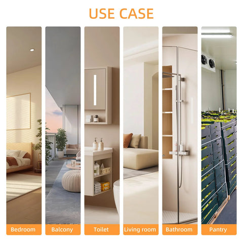 Use case illustration showing various home environments including bedroom, balcony, toilet, living room, bathroom, and pantry.
