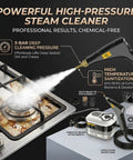 Powerful High-Pressure Steam Cleaner shown in action on a greasy stove, emphasizing its cleaning power and design.