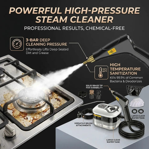 Powerful High-Pressure Steam Cleaner shown in action on a greasy stove, emphasizing its cleaning power and design.