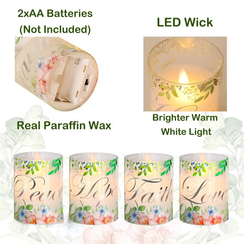 Flameless Real Wax Floral LED Candles With Remote And Timer 4 Pack For Home Decor Parties And Holiday Tables Glass Covered Flickering Candles Create Cozy Ambience Without Mess showing detail of battery compartment and glowing LED wick.