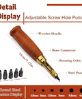Premium Adjustable Leather Hole Punch Tool With Five Brass Drill Bits From 1.5MM To 4.0MM showing wooden handle and brass connector.