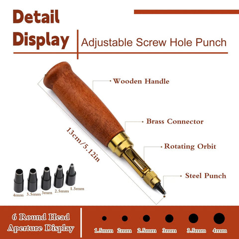 Premium Adjustable Leather Hole Punch Tool With Five Brass Drill Bits From 1.5MM To 4.0MM showing wooden handle and brass connector.
