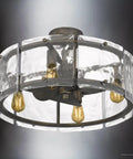 Slick Mid Century Modern Ceiling Fan With Brushed Silver Blades And Super Quiet Motor For Chill Living Room Atmosphere Featuring Handy Remote Control And Hassle Free Setup For Your Home with transparent glass shades and vintage bulbs.